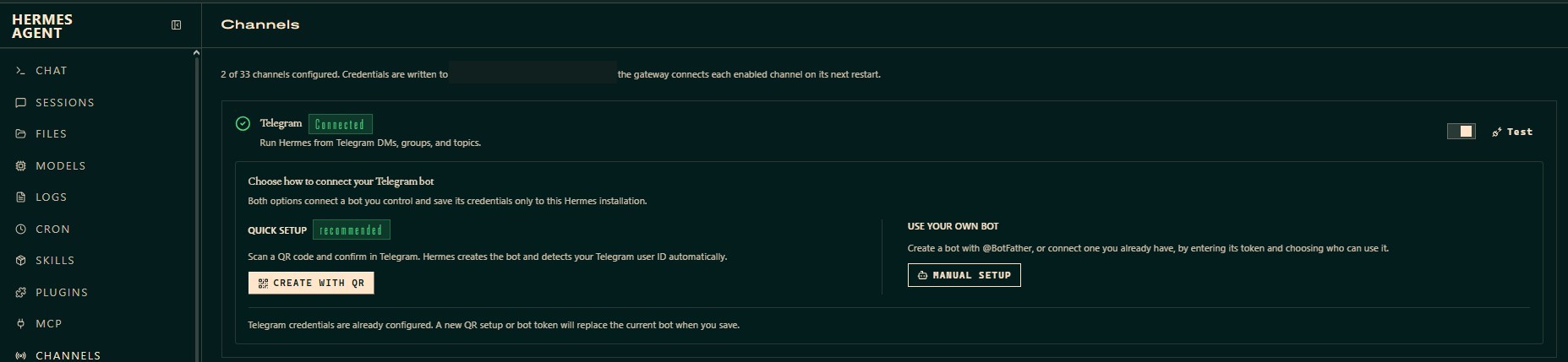 Page Channels de Hermes : canal Telegram connecté, 2 canaux configurés sur 33.