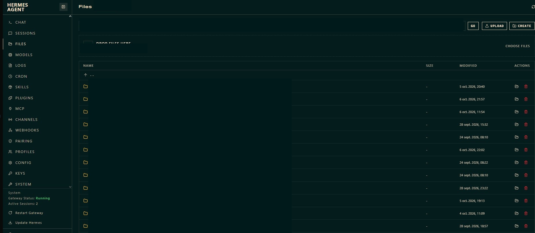 Interface Files de Hermes : colonnes de gestion des fichiers et commandes de téléversement ; chemins et noms des fichiers entièrement masqués.