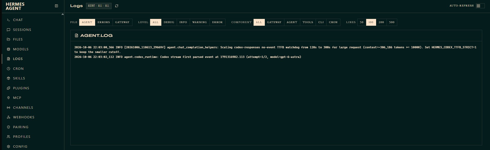 Page Logs de Hermes : extrait du journal agent.log avec deux lignes INFO.